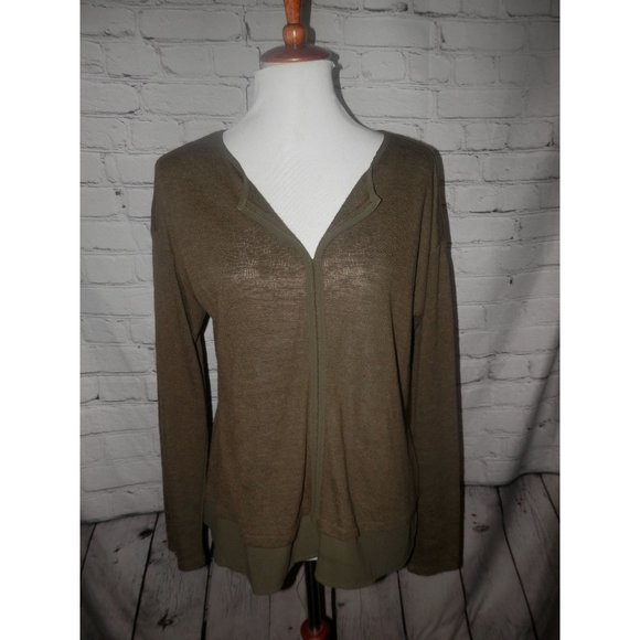 Sanctuary Sweater Pullover Large Green Split Neck Long Lightweight Silky Hem